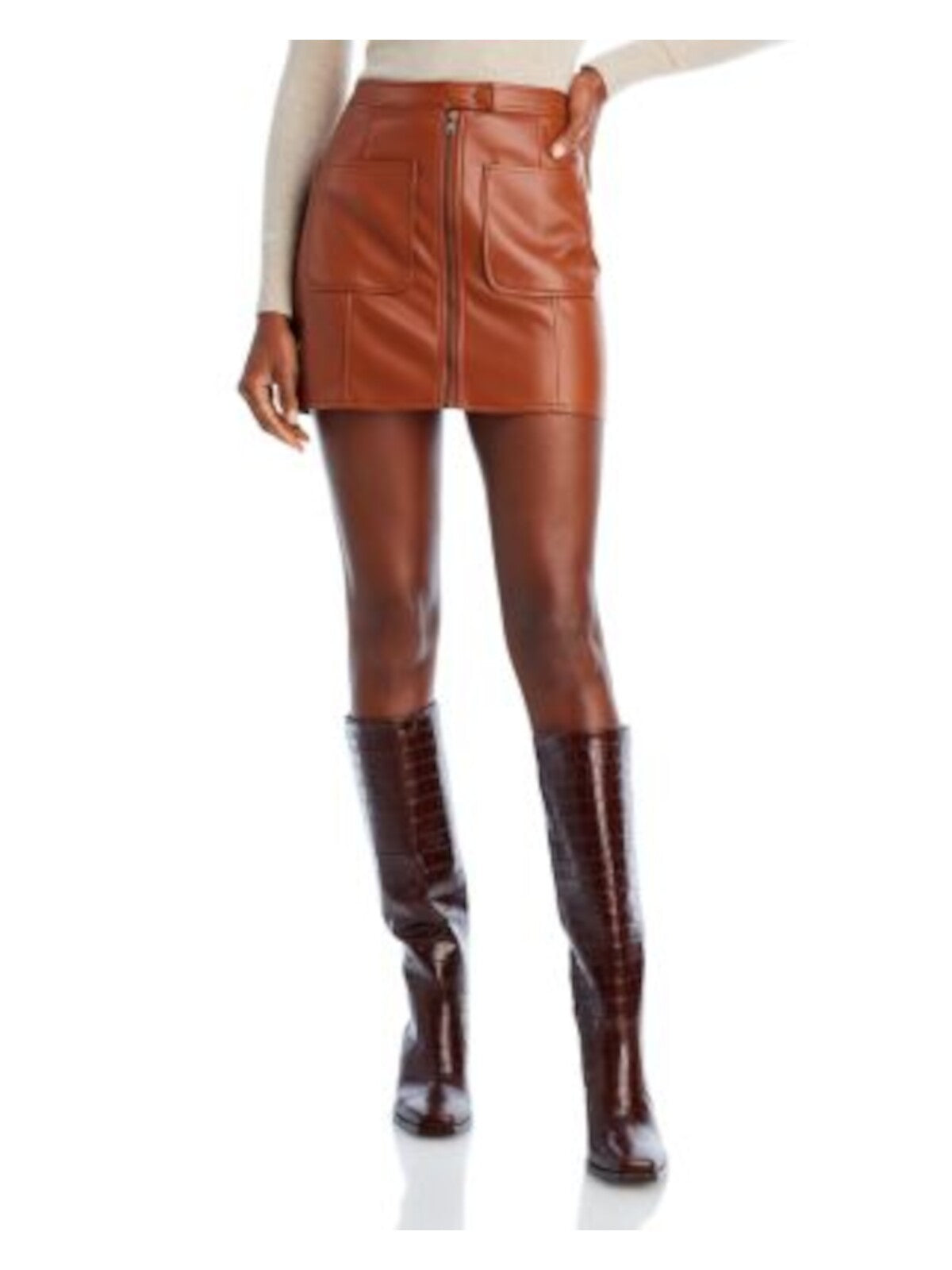 LUCY PARIS Womens Brown Faux Leather Zippered Pocketed Snap Closures Mini Fit + Flare Skirt XL