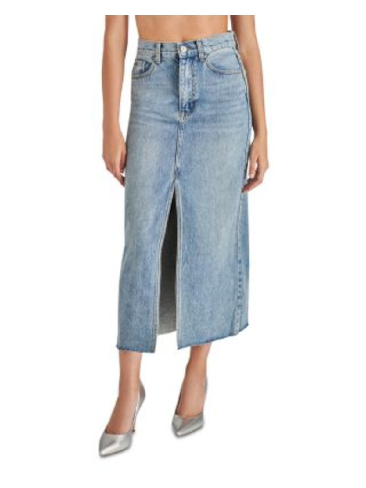 STEVE MADDEN Womens Blue Zippered Pocketed High Front Slit Raw-edge Hem Maxi Pencil Skirt 4