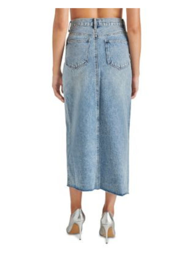 STEVE MADDEN Womens Blue Zippered Pocketed High Front Slit Raw-edge Hem Maxi Pencil Skirt 2