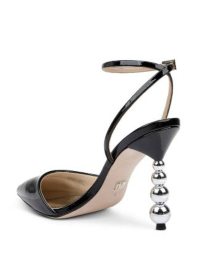 BADGLEY MISCHKA Womens Black Metallic Heel Ankle Strap Padded Indie Ii Pointed Toe Sculpted Heel Buckle Leather Dress Heels Shoes 9