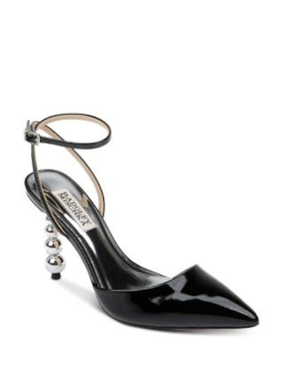 BADGLEY MISCHKA Womens Black Metallic Heel Ankle Strap Padded Indie Ii Pointed Toe Sculpted Heel Buckle Leather Dress Heels Shoes 6