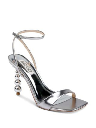 BADGLEY MISCHKA Womens Silver Embellished Buckle Padded Metallic Ankle Strap Ivette Ii Square Toe Sculpted Heel Buckle Leather Dress Heeled Sandal 8.5 M