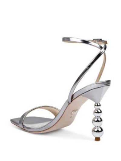 BADGLEY MISCHKA Womens Silver Embellished Buckle Padded Metallic Ankle Strap Ivette Ii Square Toe Sculpted Heel Buckle Leather Dress Heeled Sandal 8.5 M