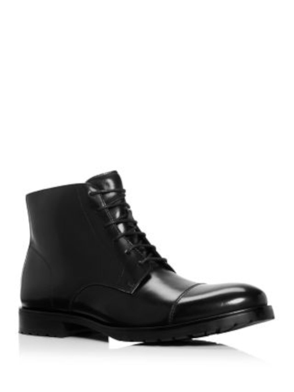 THE MENS STORE Mens Black Traction Sole Cushioned Cap Toe Block Heel Lace-Up Leather Boots Shoes 8