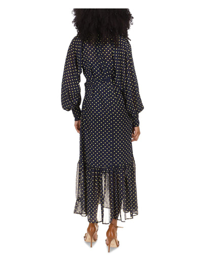 MICHAEL MICHAEL KORS Womens Navy Gathered Zippered Sheer Slip Lining Belted Polka Dot Cuffed Sleeve Tie Neck Maxi Fit + Flare Dress M