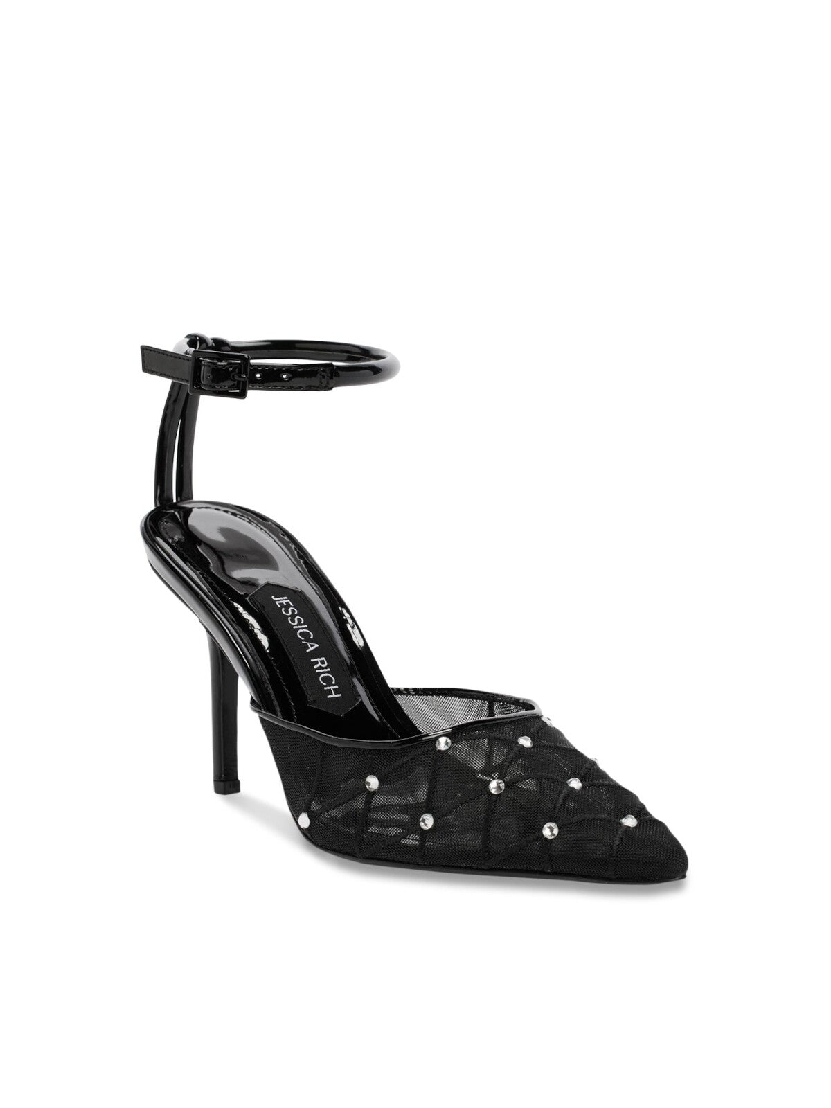 JESSICA RICH Womens Black Mixed Media Breathable Ankle Strap Rhinestone Amora Pointed Toe Stiletto Buckle Dress Slingback 39