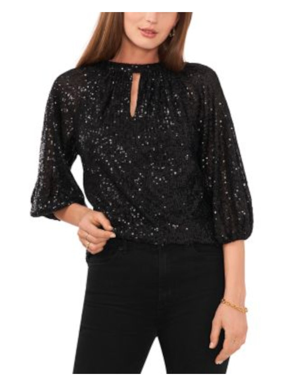 VINCE CAMUTO Womens Black Sequined Lined Front And Back Keyhole 3/4 Sleeve Crew Neck Party Top M