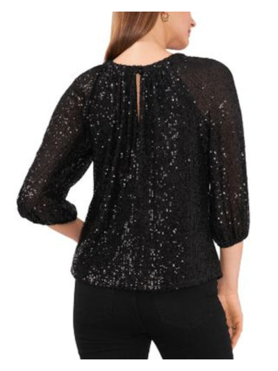 VINCE CAMUTO Womens Black Sequined Lined Front And Back Keyhole 3/4 Sleeve Crew Neck Party Top M