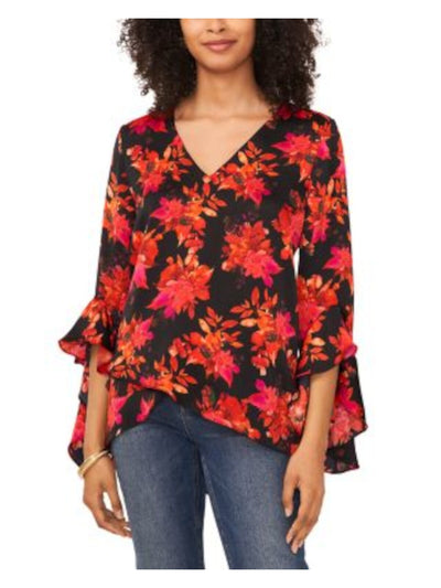 VINCE CAMUTO Womens Black Ruffled Crossover Front Hi-lo Hem Floral Long Sleeve V Neck Top M