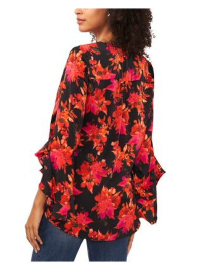 VINCE CAMUTO Womens Black Ruffled Crossover Front Hi-lo Hem Floral Long Sleeve V Neck Top M