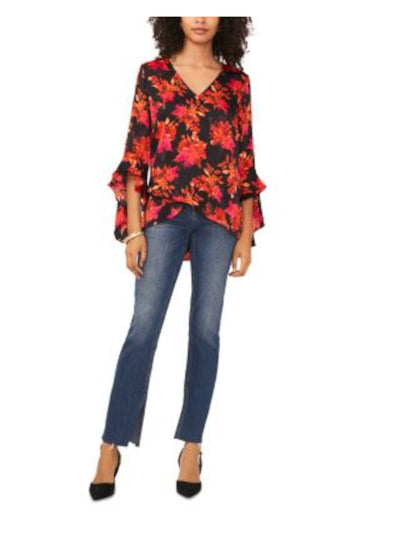 VINCE CAMUTO Womens Black Ruffled Crossover Front Hi-lo Hem Floral Long Sleeve V Neck Top M