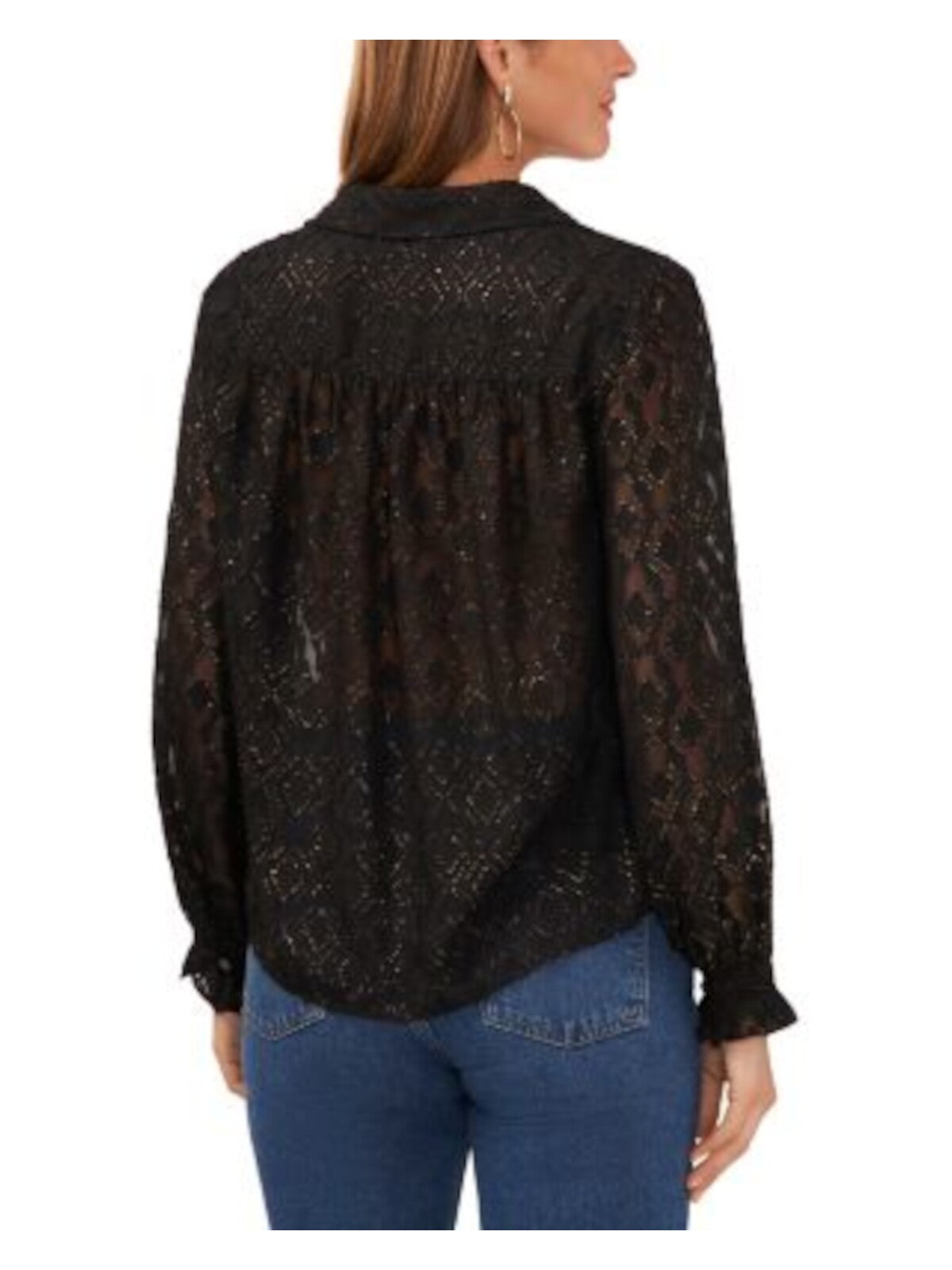 VINCE CAMUTO Womens Black Metallic Sheer Button Front Ruffled Cuffs Long Sleeve Collared Blouse XXS