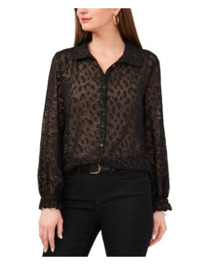 VINCE CAMUTO Womens Black Metallic Sheer Button Front Ruffled Cuffs Long Sleeve Collared Blouse XS
