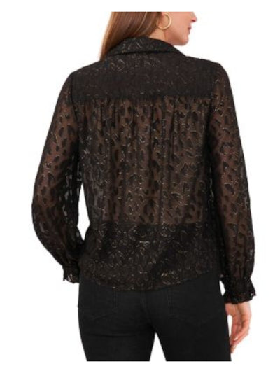 VINCE CAMUTO Womens Black Metallic Sheer Button Front Ruffled Cuffs Long Sleeve Collared Blouse XS