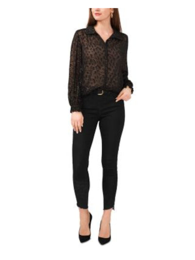 VINCE CAMUTO Womens Black Metallic Sheer Button Front Ruffled Cuffs Long Sleeve Collared Blouse XS