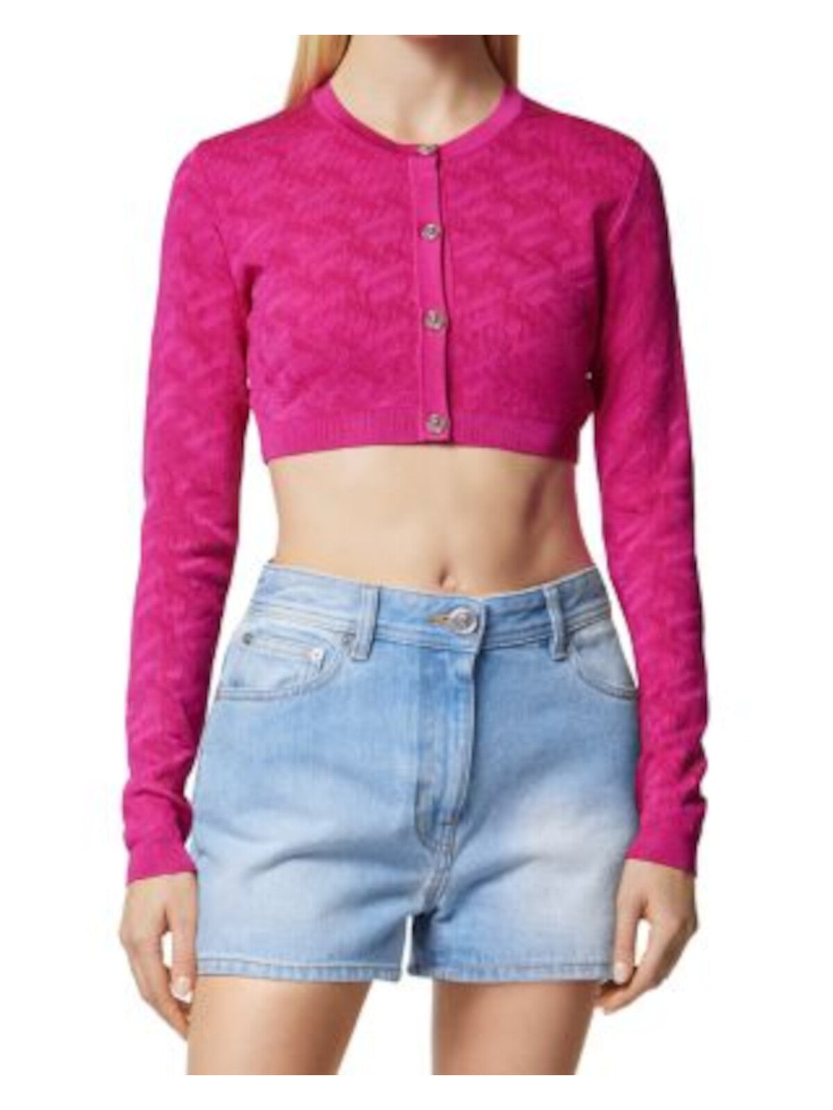 VERSACE Womens Pink Long Sleeve Round Neck Crop Top Cardigan 44