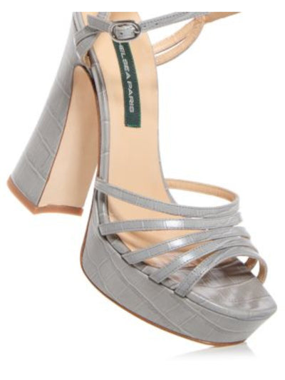 CHELSEA PARIS Womens Gray Croc Strappy 1-1/2" Platform Padded Ankle Strap Tems Open Toe Block Heel Buckle Leather Heeled