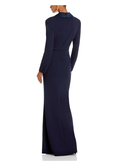 ADRIANNA PAPELL Womens Navy Textured Slitted Notched Collar Tuxedo Button Acc Long Sleeve Surplice Neckline Full-Length Wear To Work Gown Dress 2