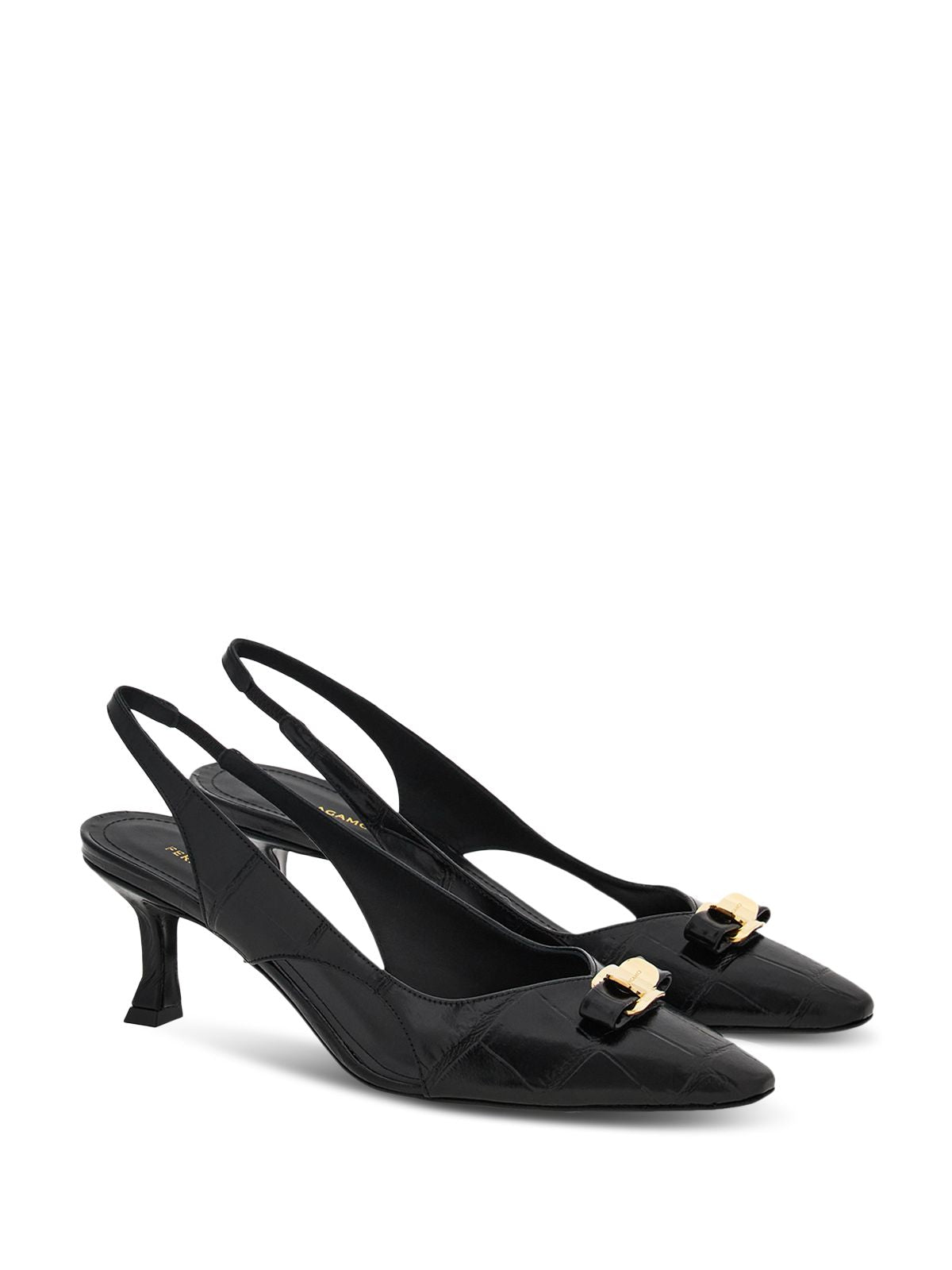 FERRAGAMO Womens Black Solid Croc Embellished Logo Bow Accent Goring Padded Zarula Pointed Toe Flare Slip On Leather Slingback 6