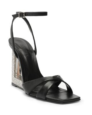 SCHUTZ Womens Black Embellished Metallic Heel Crossover Strap Ankle Strap Padded Fillie Square Toe Sculpted Heel Buckle Leather Dress Heeled Sandal 7