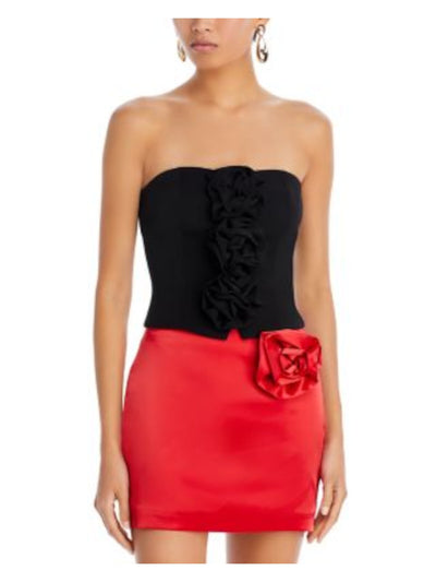 ENDLESS ROSE Womens Black Zippered Lined Flower Accents Smocked Back Sleeveless Strapless Party Top L