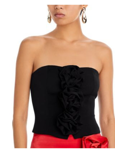 ENDLESS ROSE Womens Black Zippered Lined Flower Accents Smocked Back Sleeveless Strapless Party Top L