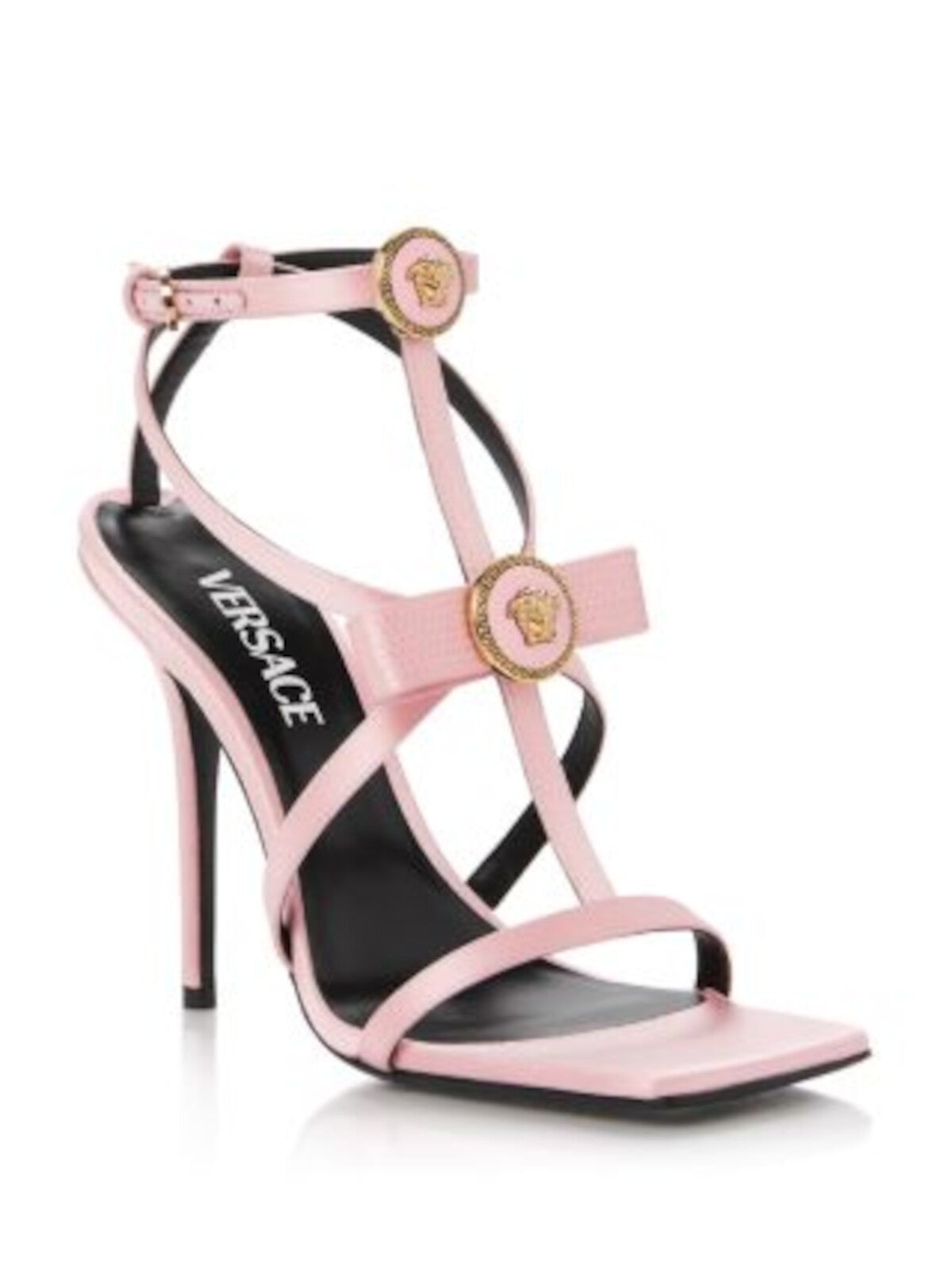 VERSACE Womens Pink Embellished Bow Accent Padded T-Strap Strappy Vusa Square Toe Stiletto Buckle Dress Heeled Sandal 37.5