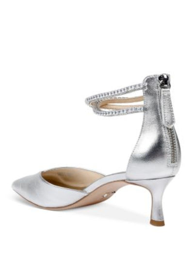 BADGLEY MISCHKA Womens Silver Embellished Ankle Strap Metallic Padded Lilibeth Pointed Toe Kitten Heel Zip-Up Leather Dress Pumps Shoes 6 M