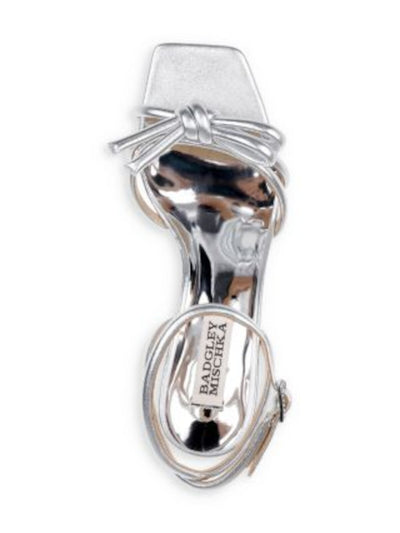 BADGLEY MISCHKA Womens Silver Metallic Padded Knotted Ankle Strap Strappy Loyalty Square Toe Flare Buckle Leather Dress Heeled Sandal 8