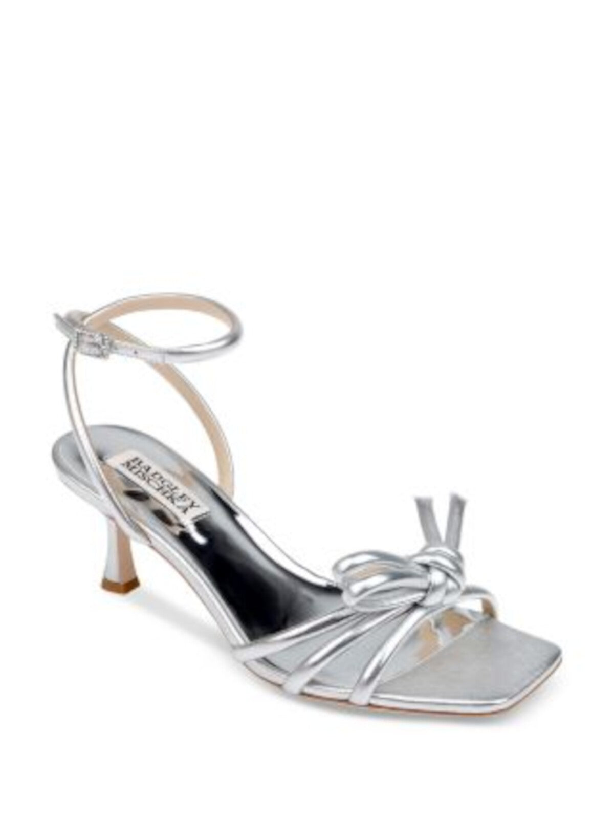 BADGLEY MISCHKA Womens Silver Metallic Padded Knotted Ankle Strap Strappy Loyalty Square Toe Flare Buckle Leather Dress Heeled Sandal 8