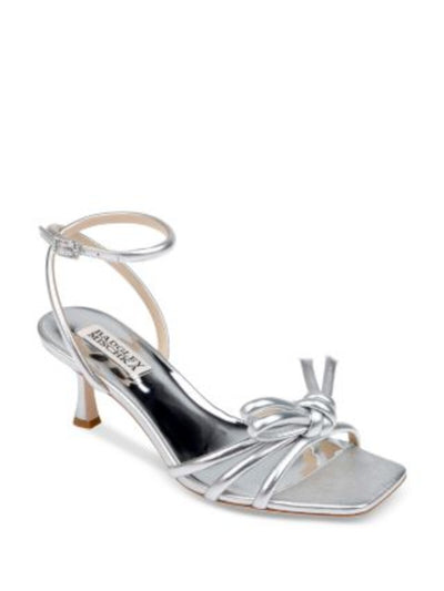 BADGLEY MISCHKA Womens Silver Metallic Padded Knotted Ankle Strap Strappy Loyalty Square Toe Flare Buckle Leather Dress Heeled Sandal 8