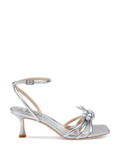 BADGLEY MISCHKA Womens Silver Metallic Padded Knotted Ankle Strap Strappy Loyalty Square Toe Flare Buckle Leather Dress Heeled Sandal 8