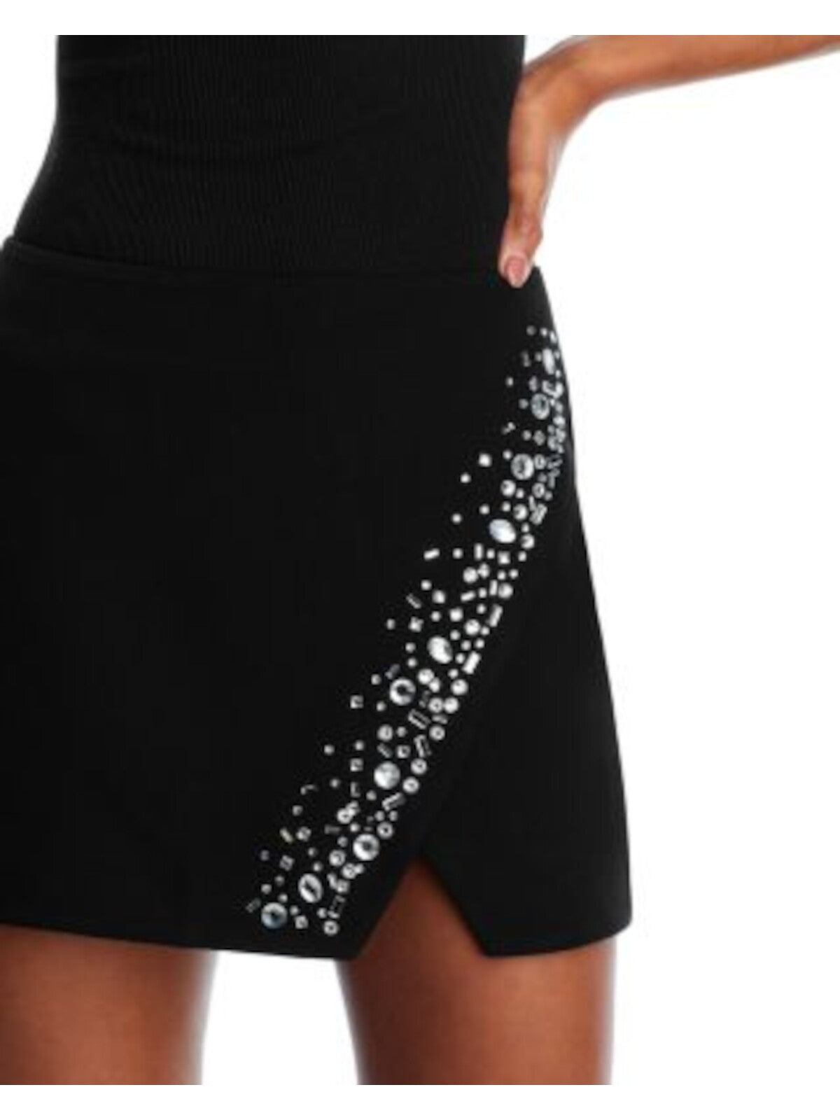 FORE Womens Black Embellished Zippered Lined Mini Cocktail Faux Wrap Skirt S