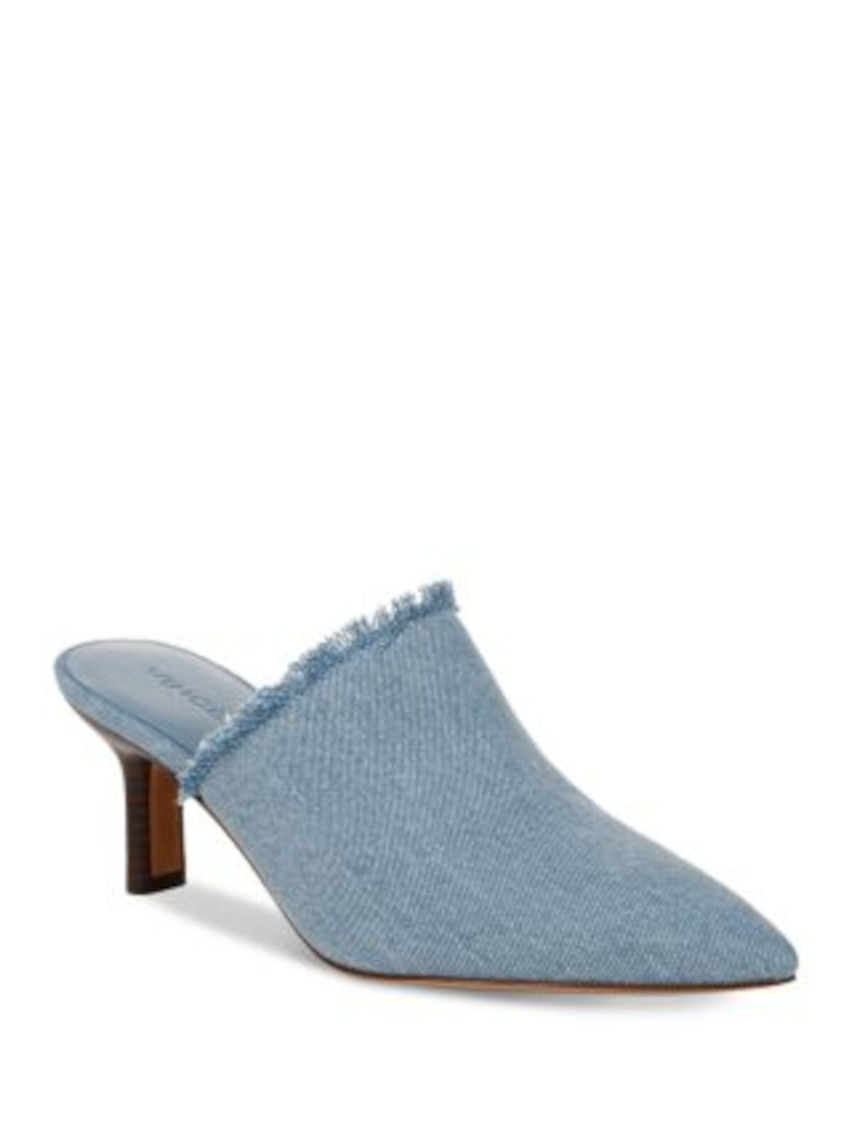 VINCE. Womens Blue Denim Padded Frayed Goring Penelope Ii Pointed Toe Block Heel Slip On Heeled Mules Shoes 7.5 M