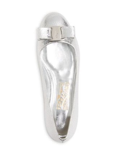 SALVATORE FERRAGAMO Womens Silver Lizard Embossed Bow Accent Padded Varina Round Toe Slip On Leather Ballet Flats 9