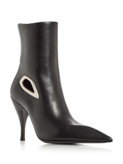 OFF WHITE Womens Black Logo Hardware Lined Cutout Padded Crescent Pointed Toe Stiletto Zip-Up Leather Dress Booties 35
