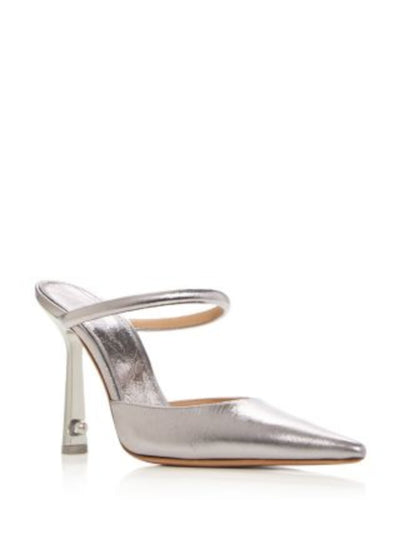 OFF WHITE Womens Silver Solid Metallic Strappy Padded Lollipop Pointed Toe Sculpted Heel Slip On Leather Heeled Mules Shoes 37