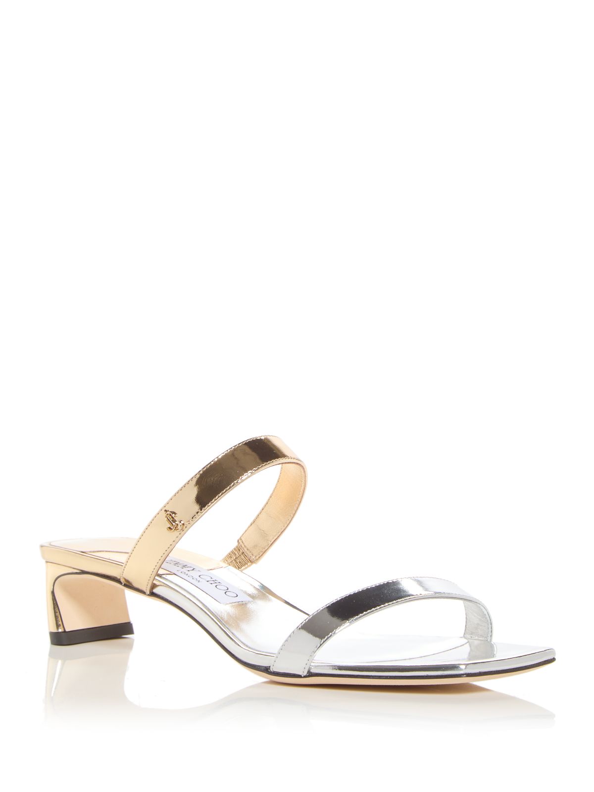 JIMMY CHOO Womens Silver Color Block Padded Logo Accent Metallic Goring Kyda 35 Square Toe Kitten Heel Slip On Leather Heeled Sandal 39.5