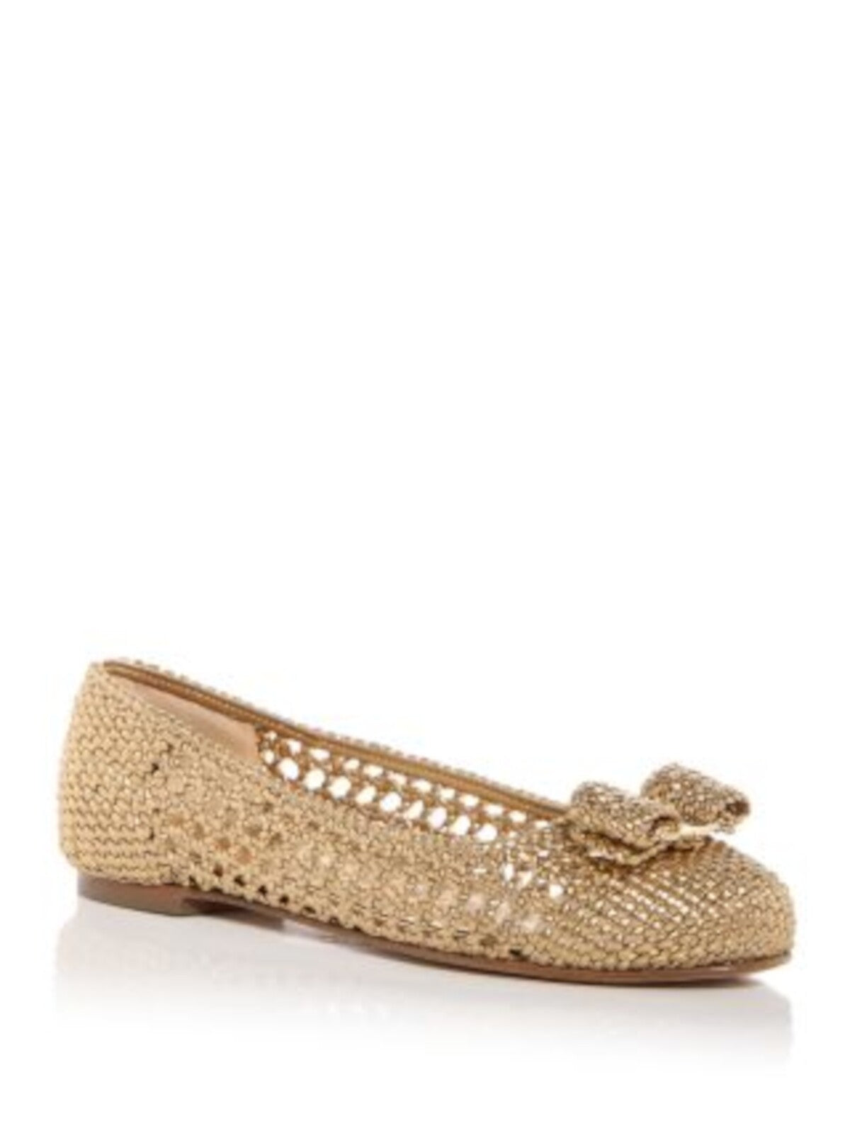 SALVATORE FERRAGAMO Womens Gold Padded Logo Hardware Bow Accent Metallic Woven Varina Round Toe Slip On Leather Ballet Flats 6 C