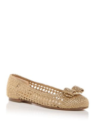 SALVATORE FERRAGAMO Womens Gold Padded Logo Hardware Bow Accent Metallic Woven Varina Round Toe Slip On Leather Ballet Flats 6 C
