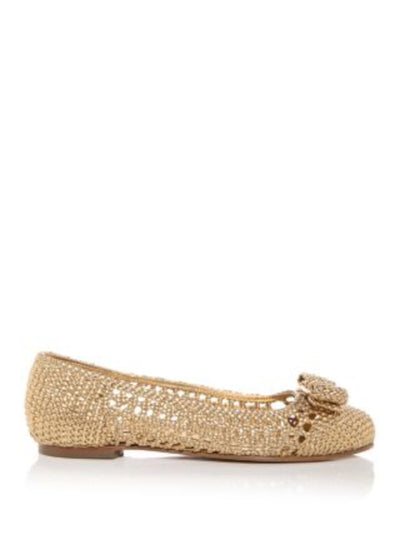 SALVATORE FERRAGAMO Womens Gold Padded Logo Hardware Bow Accent Metallic Woven Varina Round Toe Slip On Leather Ballet Flats 6 C