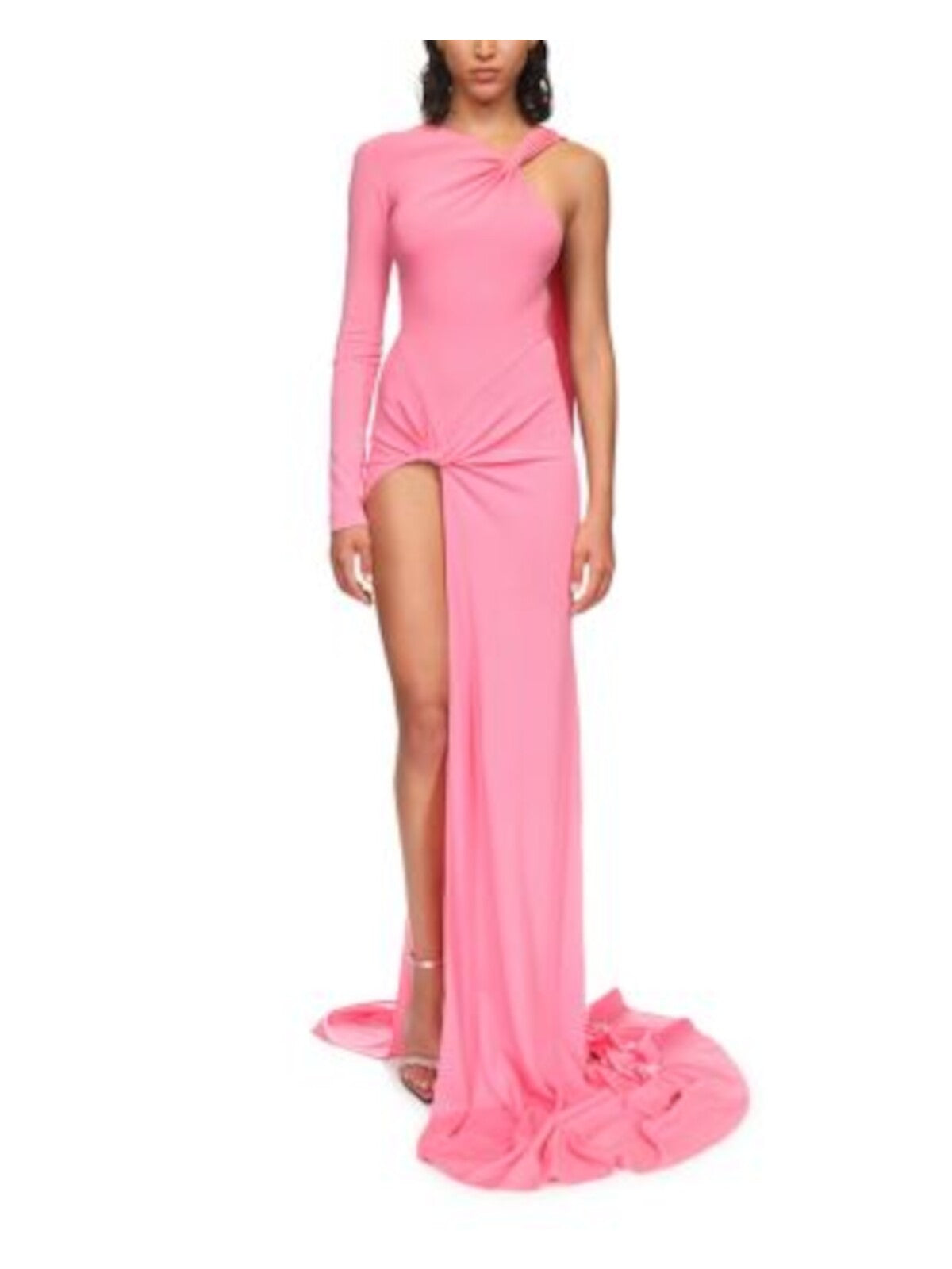 DAVID KOMA Womens Pink Slitted Zippered Single Long Sleeve Twist Accent Asymmetrical Neckline Full-Length Evening Gown Dress 6