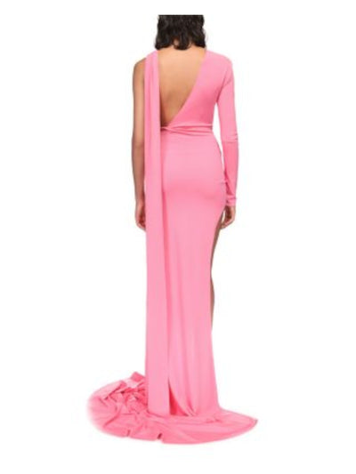 DAVID KOMA Womens Pink Slitted Zippered Single Long Sleeve Twist Accent Asymmetrical Neckline Full-Length Evening Gown Dress 6