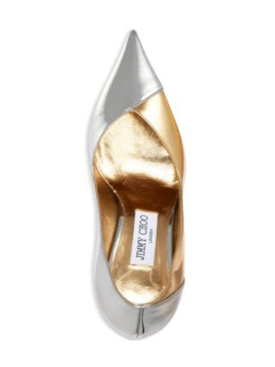 JIMMY CHOO Womens Silver Color Block Padded Metallic Cass 95 Pointed Toe Stiletto Slip On Leather Dress Pumps Shoes 37