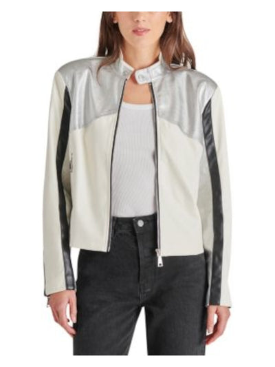 STEVE MADDEN Womens Silver Zippered Pocketed Snap Collar Zip Cuffs Color Block Motorcycle Jacket S