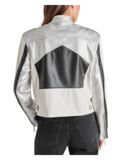 STEVE MADDEN Womens Silver Zippered Pocketed Snap Collar Zip Cuffs Color Block Motorcycle Jacket S