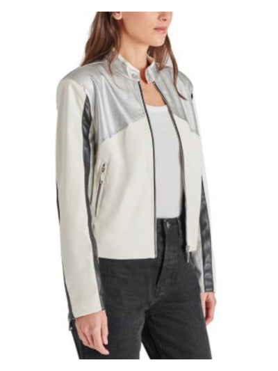 STEVE MADDEN Womens Silver Zippered Pocketed Snap Collar Zip Cuffs Color Block Motorcycle Jacket S