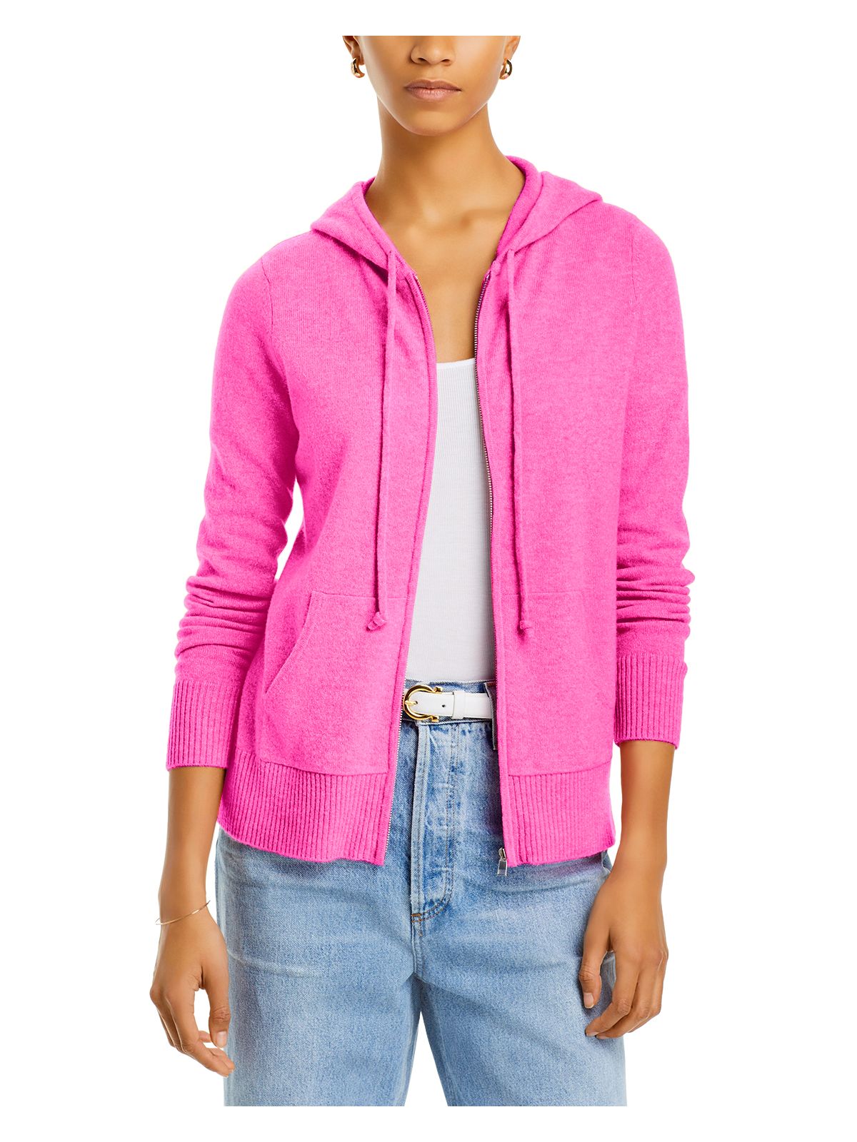 Designer Brand Womens Pink Zippered Pocketed Drawstring Hood Ribbed Trim Supe Heather Hoodie Sweater M