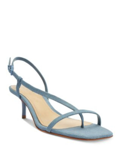 SCHUTZ Womens Blue Denim Assemetrical Toe Strap Padded Strappy Heloise Square Toe Kitten Heel Buckle Slingback Sandal 7.5