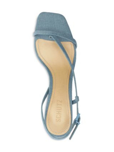 SCHUTZ Womens Blue Denim Assemetrical Toe Strap Padded Strappy Heloise Square Toe Kitten Heel Buckle Slingback Sandal 7.5